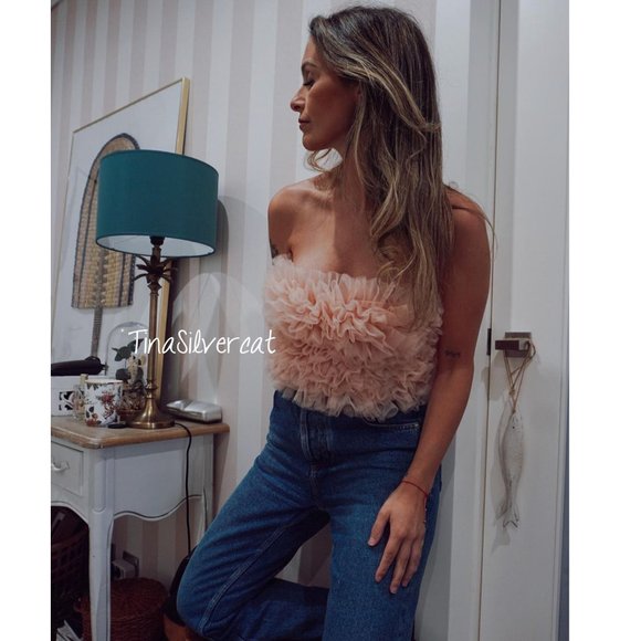 BLOGGER'S FAVE! Zara Knit Strapless Tulle Top Pink NWT - Picture 3 of 17